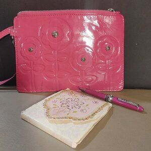 Brighton Wristlet Pink Set Patent Leather Embossed Floral Stud Accents Pad Pen